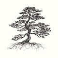 Hand drawn pine tree silhouette. Ink black and white drawing. Royalty Free Stock Photo